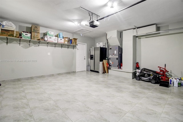 8345 SW 143rd St, Palmetto Bay, FL 33158 - garage featuring a garage door opener, stainless steel fridge with ice dispenser, and heating unit