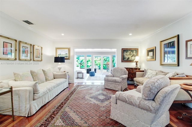 8345 SW 143rd St, Palmetto Bay, FL 33158 - living room with wood finished floors, crown molding, and recessed lighting