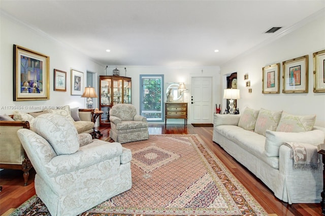 8345 SW 143rd St, Palmetto Bay, FL 33158 - living area featuring wood finished floors, crown molding, and recessed lighting