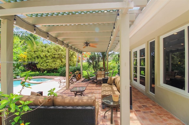 8345 SW 143rd St, Palmetto Bay, FL 33158 - view of patio with an outdoor living space, ceiling fan, a jacuzzi, outdoor dining space, and a pergola