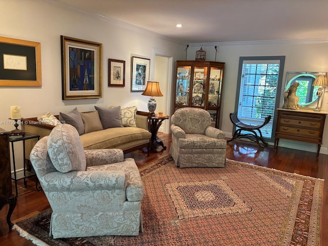 living area featuring ornamental molding and wood-type flooring