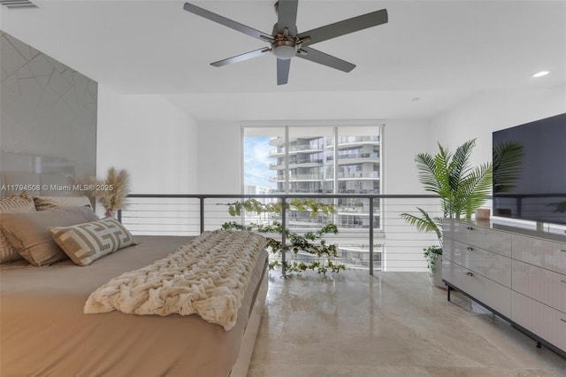 bedroom with floor to ceiling windows, recessed lighting, and a ceiling fan