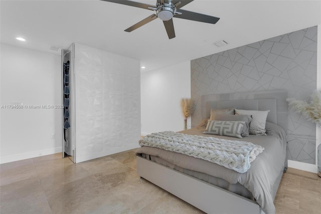 bedroom with recessed lighting, tile walls, and a ceiling fan