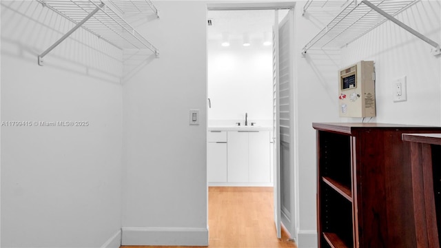 walk in closet with a sink and wood finished floors