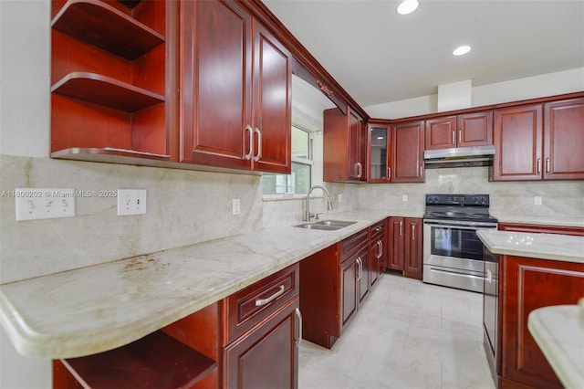 611 SW 8th St, Hallandale Beach, FL 33009 - kitchen featuring stainless steel electric range, reddish brown cabinets, a sink, open shelves, and under cabinet range hood