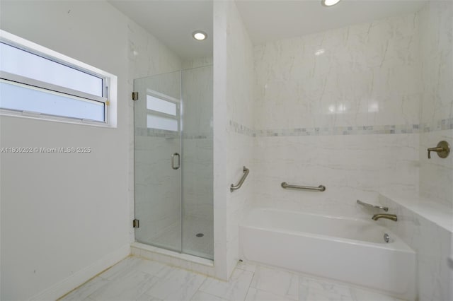 611 SW 8th St, Hallandale Beach, FL 33009 - bathroom with a stall shower, recessed lighting, a bathtub, marble look tile flooring, and baseboards