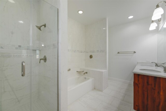 611 SW 8th St, Hallandale Beach, FL 33009 - bathroom featuring a garden tub, a shower stall, double vanity, marble finish flooring, and recessed lighting