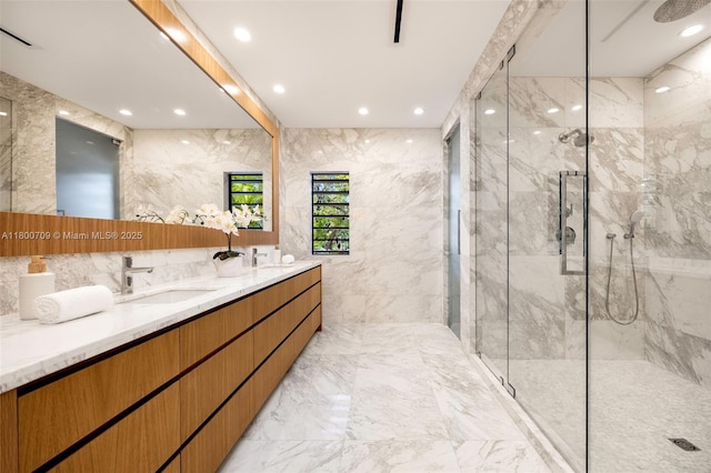 2905 Washington St, Miami, FL 33133 - bathroom featuring a marble finish shower, marble tiled flooring, double vanity, and recessed lighting