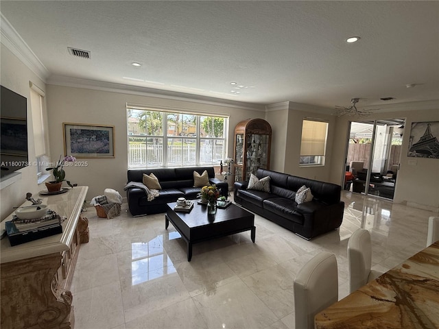 8389 NW 115th Ct, Doral, FL 33178 - living room with crown molding, light marble finish flooring, a textured ceiling, arched walkways, and recessed lighting