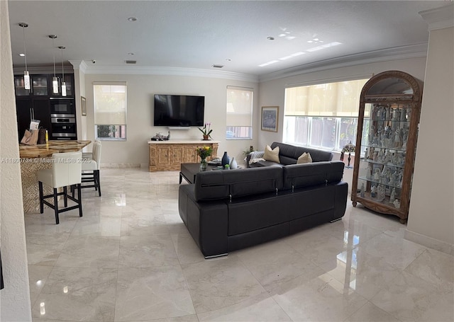 8389 NW 115th Ct, Doral, FL 33178 - living room with light marble finish flooring, ornamental molding, and baseboards