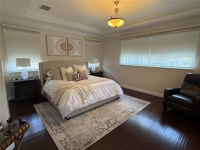 8389 NW 115th Ct, Doral, FL 33178 - bedroom featuring multiple windows, dark wood-style floors, baseboards, a tray ceiling, and crown molding