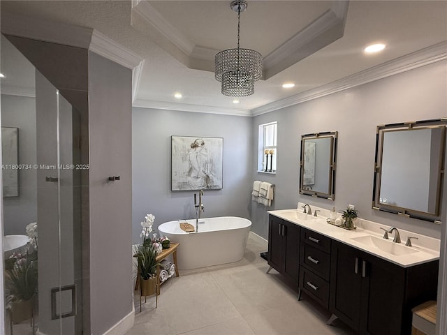 8389 NW 115th Ct, Doral, FL 33178 - full bath with a stall shower, baseboards, a freestanding bath, a raised ceiling, and ornamental molding