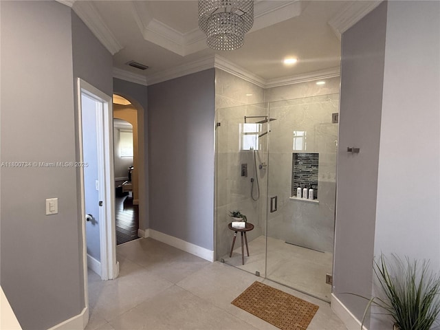 8389 NW 115th Ct, Doral, FL 33178 - bathroom with a stall shower, ornamental molding, baseboards, a chandelier, and tile patterned floors