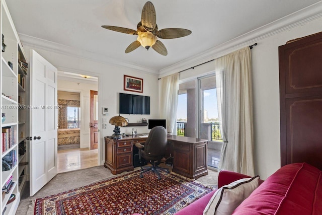 5266 Fisher Island Dr Unit 5266, Miami Beach, FL 33109 - home office featuring crown molding, healthy amount of natural light, a ceiling fan, and carpet floors