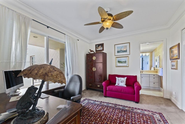5266 Fisher Island Dr Unit 5266, Miami Beach, FL 33109 - carpeted office space featuring ornamental molding, ceiling fan, and baseboards