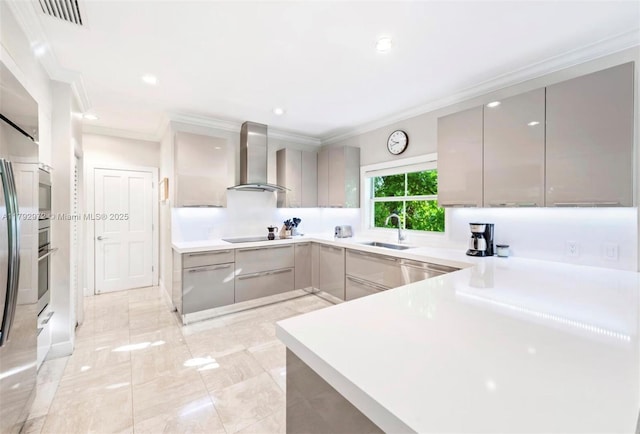164 W Mashta Dr, Key Biscayne, FL 33149 - kitchen featuring wall chimney exhaust hood, crown molding, a sink, gray cabinets, and recessed lighting