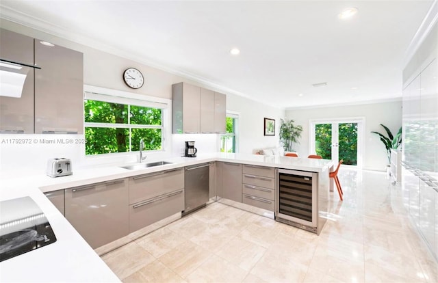 164 W Mashta Dr, Key Biscayne, FL 33149 - kitchen with wine cooler, stainless steel dishwasher, a sink, gray cabinets, and plenty of natural light