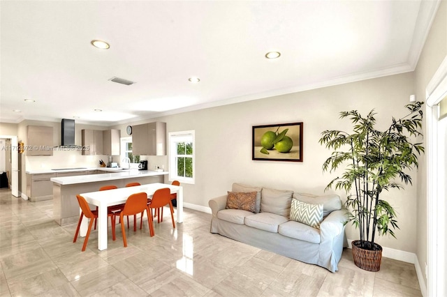164 W Mashta Dr, Key Biscayne, FL 33149 - living room featuring crown molding, baseboards, and recessed lighting
