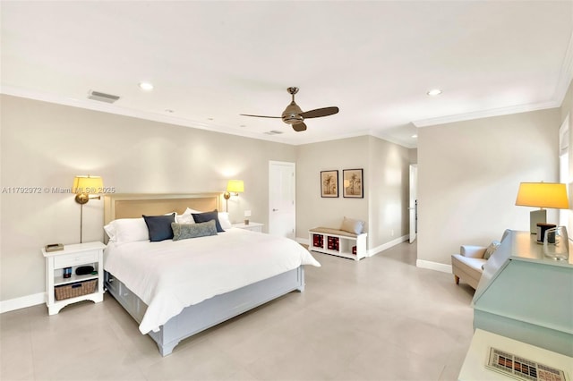 164 W Mashta Dr, Key Biscayne, FL 33149 - bedroom with crown molding, recessed lighting, baseboards, and ceiling fan