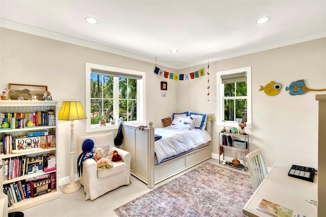 164 W Mashta Dr, Key Biscayne, FL 33149 - bedroom featuring recessed lighting, ornamental molding, baseboards, and tile patterned flooring