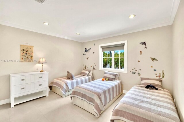 164 W Mashta Dr, Key Biscayne, FL 33149 - bedroom with baseboards, crown molding, recessed lighting, and light tile patterned flooring