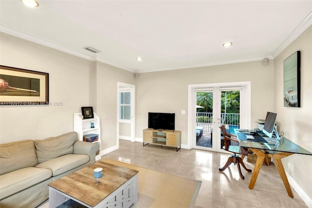 164 W Mashta Dr, Key Biscayne, FL 33149 - living room with french doors, baseboards, an office area, ornamental molding, and recessed lighting
