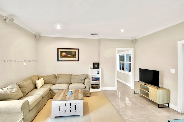 164 W Mashta Dr, Key Biscayne, FL 33149 - living room featuring ornamental molding, baseboards, light marble finish flooring, and recessed lighting