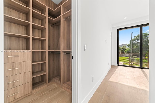 walk in closet with light wood finished floors