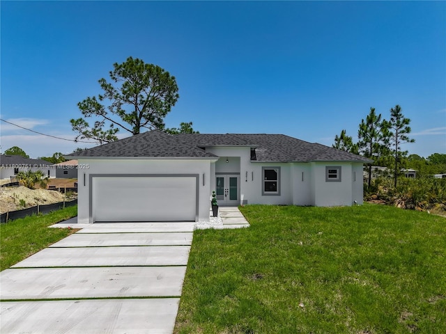 ranch-style home featuring french doors, a shingled roof, stucco siding, and an attached garage