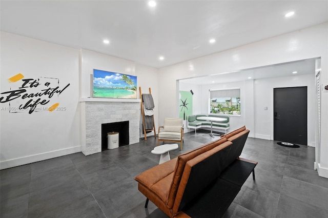 534 NW 50th St, Miami, FL 33127 - living room with a fireplace, recessed lighting, and baseboards