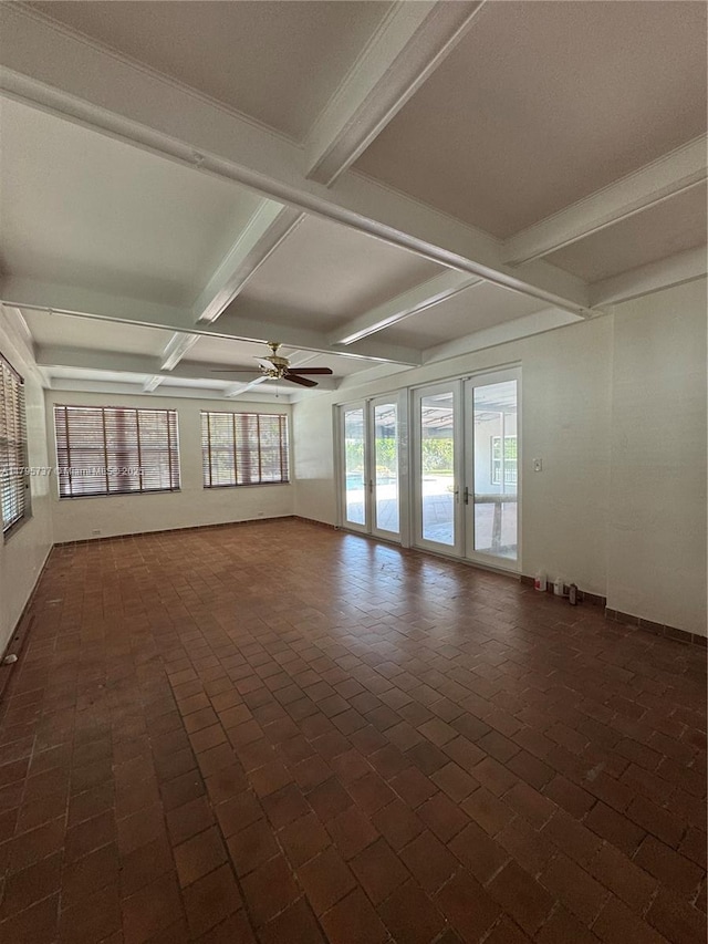 1234 NE 96th St, Miami Shores, FL 33138 - unfurnished room featuring ceiling fan, coffered ceiling, beamed ceiling, brick flooring, and baseboards