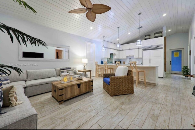 living room with a ceiling fan, light wood-style floors, wood ceiling, lofted ceiling, and recessed lighting