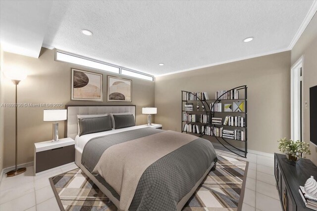 5401 Collins Ave Unit 428, Miami Beach, FL 33140 - bedroom with a textured ceiling, light tile patterned flooring, crown molding, recessed lighting, and baseboards