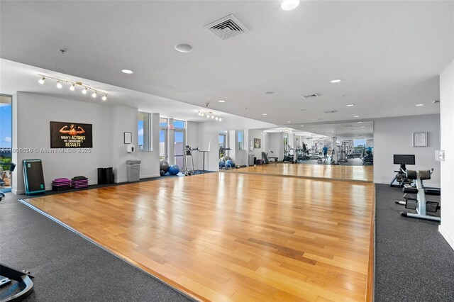 exercise room with healthy amount of natural light, recessed lighting, wood finished floors, and track lighting