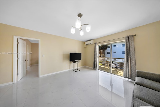 unfurnished living room featuring a wall mounted AC, light marble finish flooring, baseboards, and a chandelier