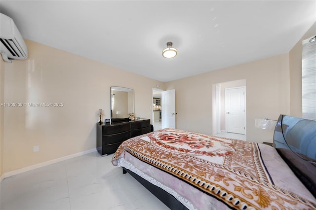 bedroom featuring a wall mounted AC, marble look tiles, and baseboards