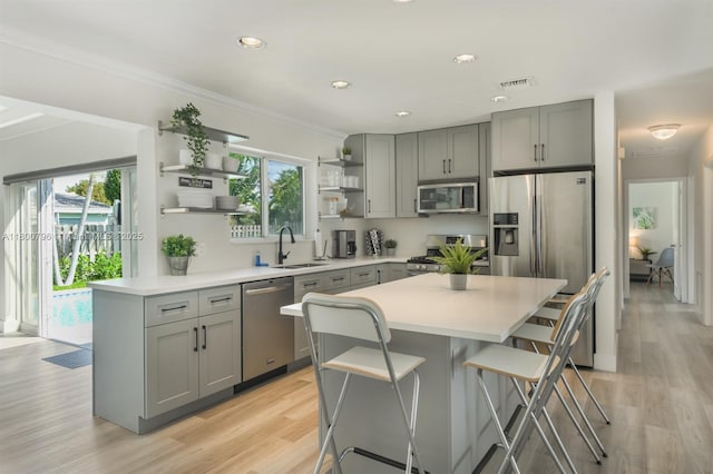 kitchen featuring stainless steel appliances, gray cabinets, open shelves, a sink, and light countertops