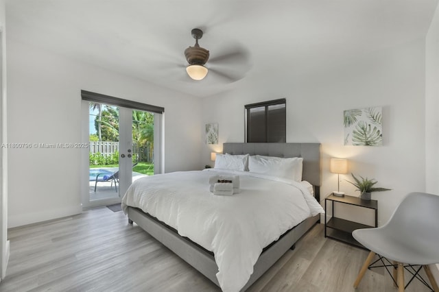 bedroom with access to outside, light wood finished floors, baseboards, and ceiling fan