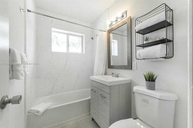 bathroom with toilet, vanity, and shower / bathtub combination with curtain