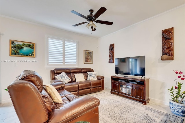 15073 SW 119th Ln, Miami, FL 33196 - living room with ceiling fan, light tile patterned floors, ornamental molding, and baseboards