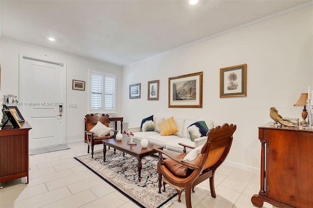 15073 SW 119th Ln, Miami, FL 33196 - living room featuring ornamental molding, recessed lighting, baseboards, and light tile patterned flooring