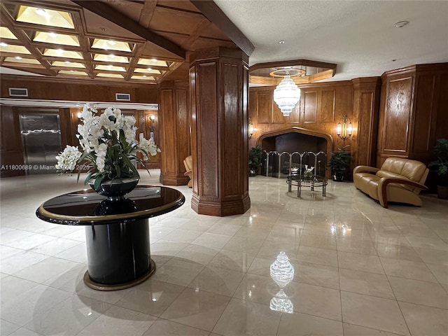1865 S Ocean Dr Unit 17C, Hallandale Beach, FL 33009 - building lobby with wood walls, coffered ceiling, and beam ceiling