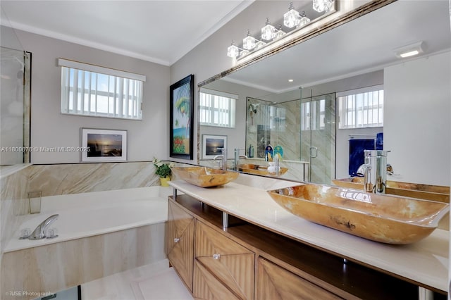 621 NW 157th Ave, Pembroke Pines, FL 33028 - full bathroom featuring a stall shower, a garden tub, double vanity, and crown molding