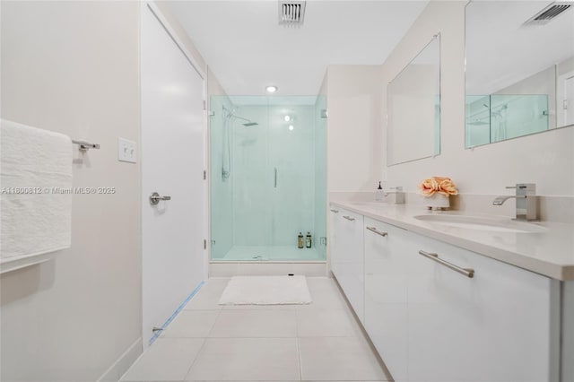 3250 NE 1st Ave Unit 806, Miami, FL 33137 - bathroom featuring a stall shower, double vanity, tile patterned floors, and recessed lighting