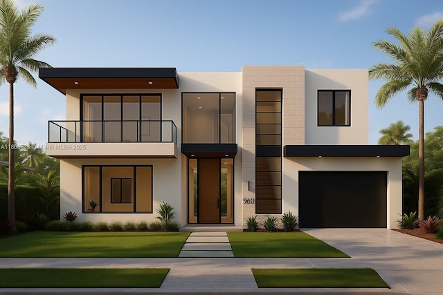 960 NE 121st St, Biscayne Park, FL 33161 - contemporary home with a balcony, driveway, stucco siding, and an attached garage