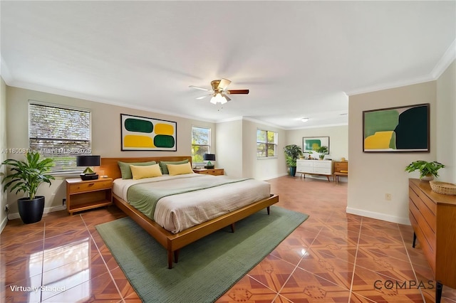 13781 NW 16th St, Pembroke Pines, FL 33028 - tiled bedroom featuring ornamental molding, baseboards, and ceiling fan