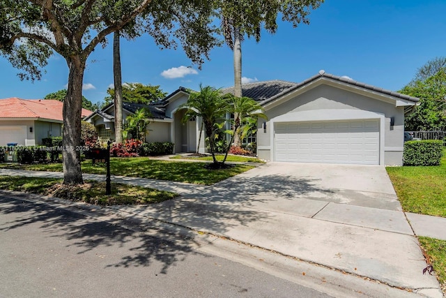 218 Egret Ct, Weston, FL 33327 - ranch-style home featuring concrete driveway, an attached garage, stucco siding, a tiled roof, and a front yard