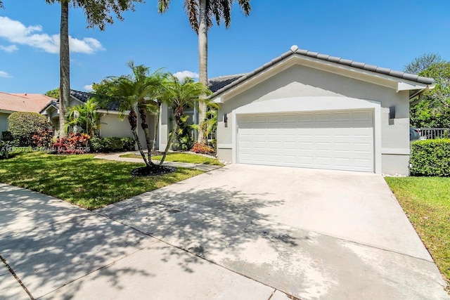 218 Egret Ct, Weston, FL 33327 - ranch-style home featuring a front yard, stucco siding, driveway, a garage, and a tiled roof