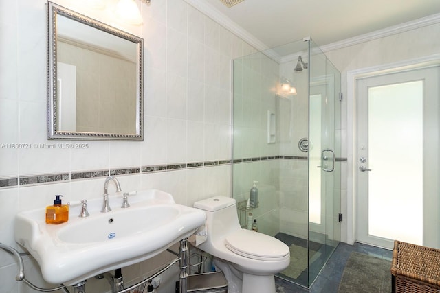 218 Egret Ct, Weston, FL 33327 - bathroom featuring tile walls, a stall shower, ornamental molding, toilet, and a sink