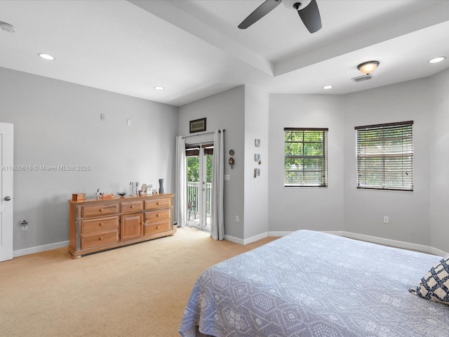 17616 SW 135th Ave, Miami, FL 33177 - bedroom featuring access to exterior, recessed lighting, baseboards, light carpet, and a ceiling fan